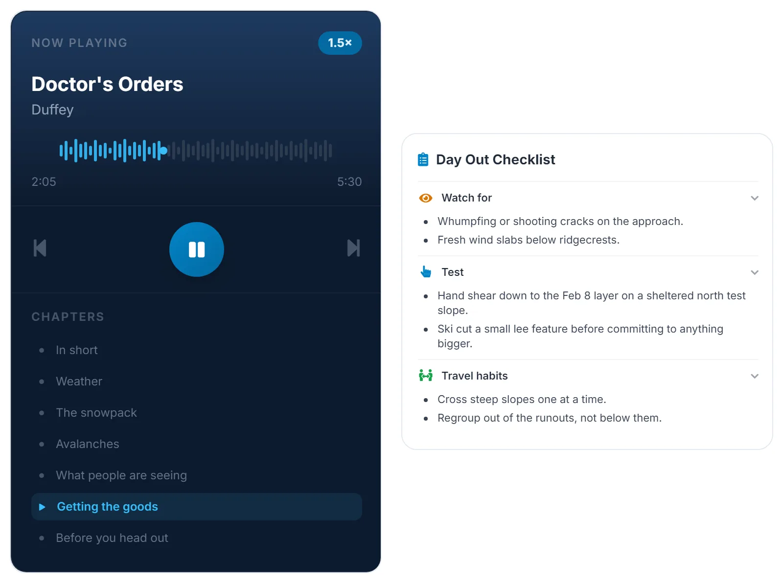 First: the Listen player reading Doctor's Orders for the Duffey at 1.5 times speed, with its seven chapters listed. Second: the day-out checklist, with what to watch for, what to test, and travel habits.