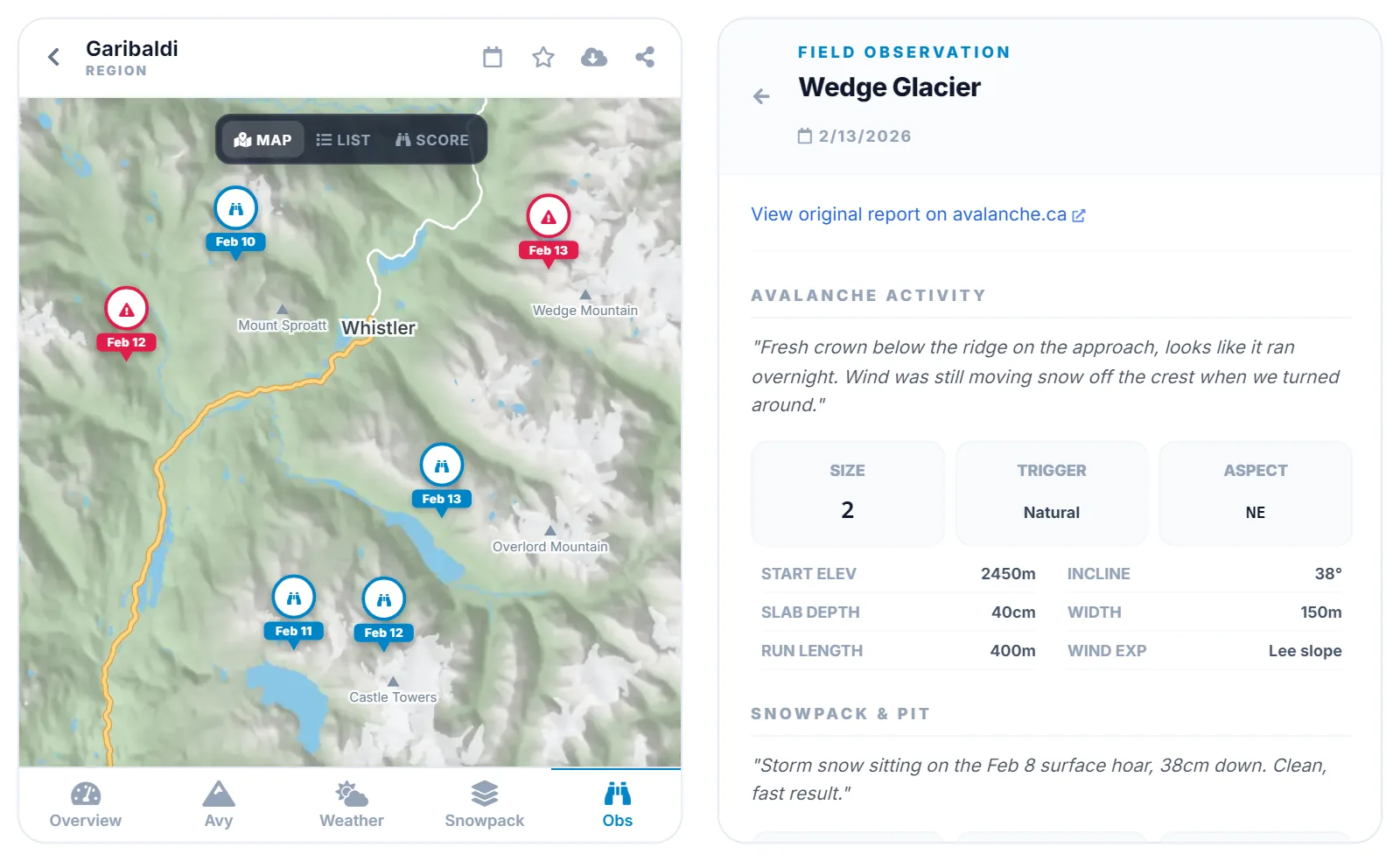Two phone screens. First: Garibaldi's Obs tab map around Whistler, with six field report pins from February 10 to 13, two of them red for avalanches. Second: a field report from the Wedge Glacier on February 13, a natural size 2 slab on a northeast lee slope at 2450 m, 40 cm deep, with storm snow on the Feb 8 surface hoar 38 cm down.