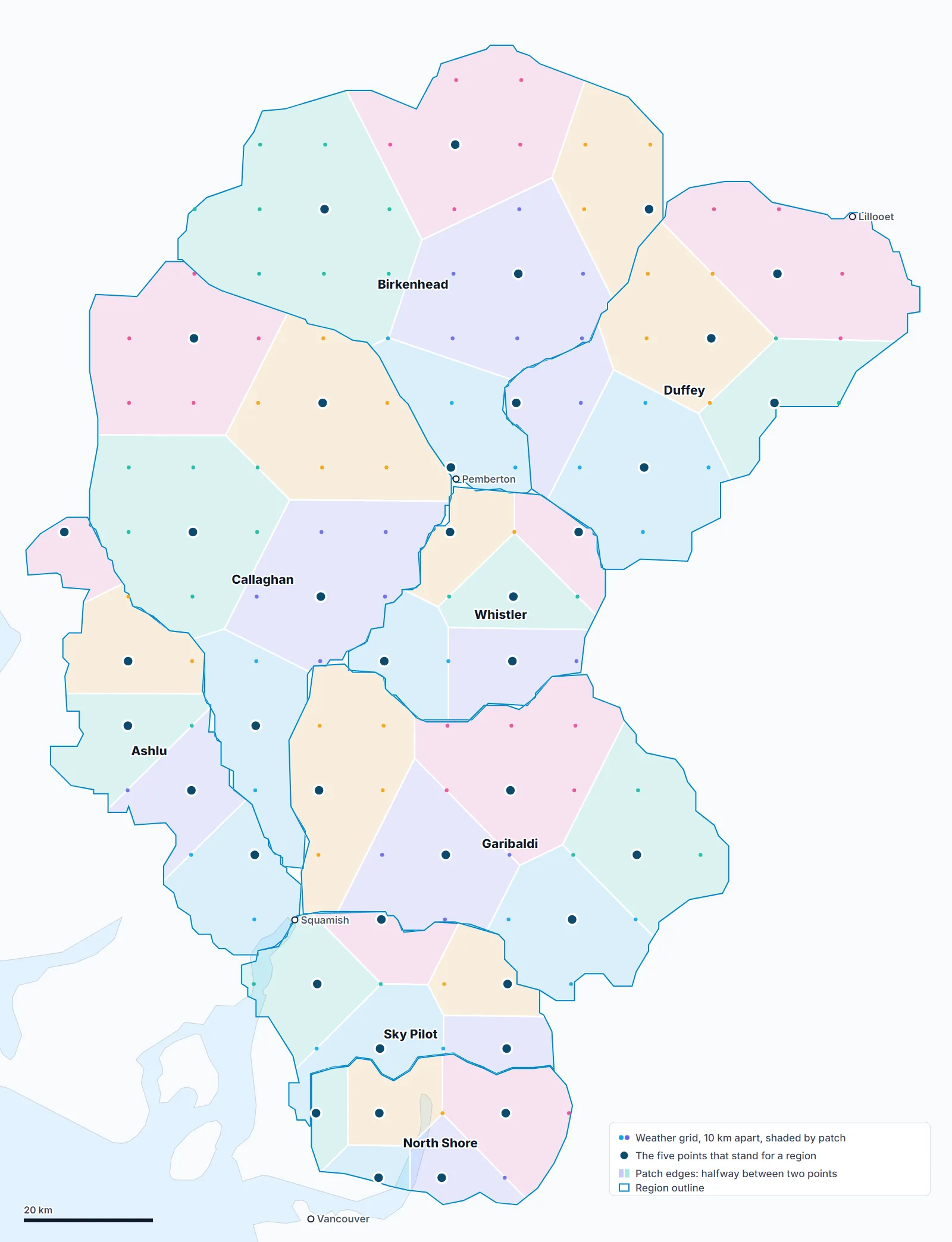 Map of eight Sea to Sky regions from Birkenhead and Duffey to the North Shore, each filled with weather grid points 10 km apart, five of them circled per region, and white lines dividing each region into patches around its five points.