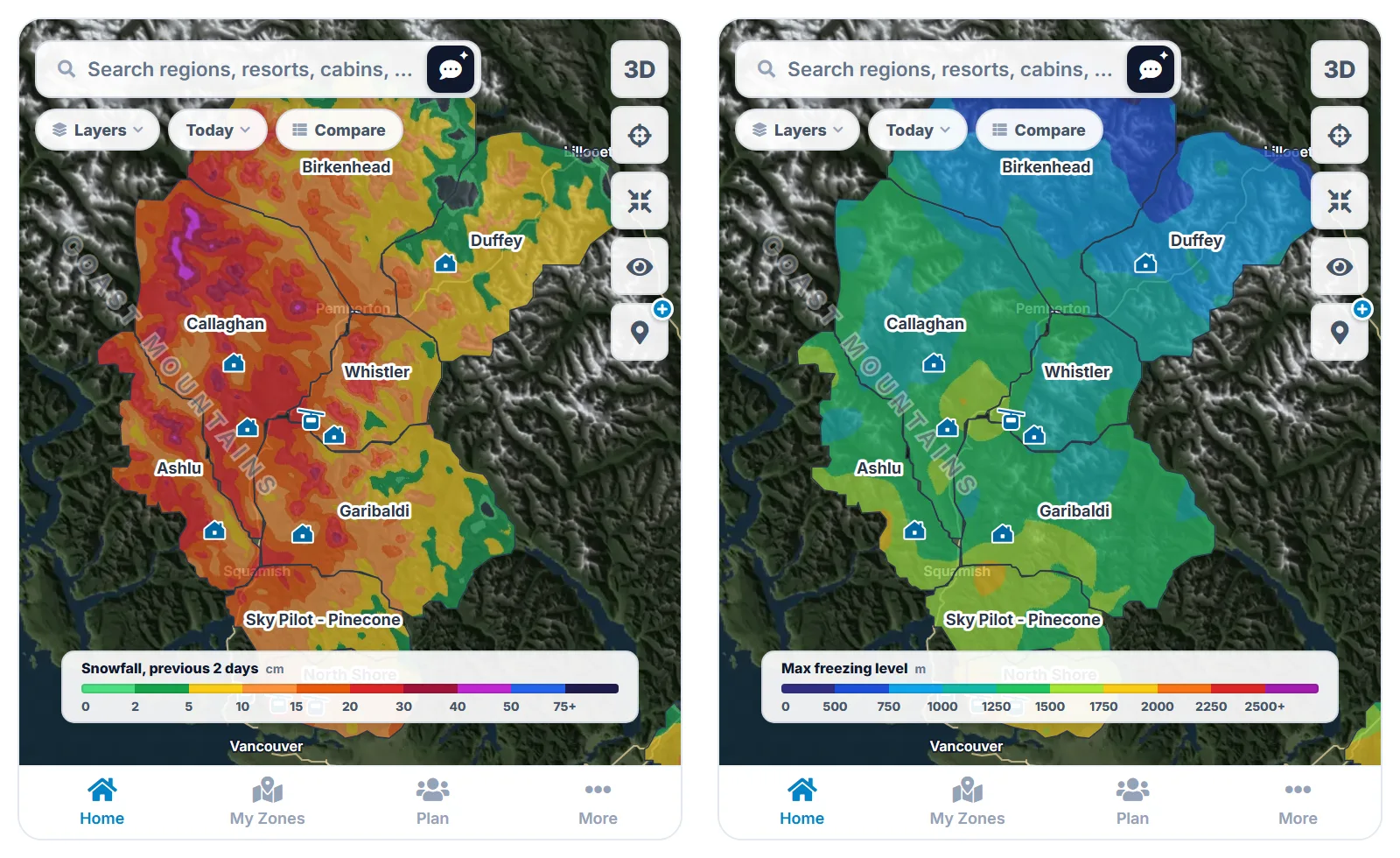 Two phone screens of the Snow Doctor map over the Sea to Sky regions. First: snowfall over the previous 2 days, heaviest in reds and purples along the Coast Mountains and lightest in greens toward the Duffey, with a colour strip along the bottom from 0 to 75+ cm. Second: the day's highest freezing level, in bands from deep blue for the coldest drainages to green and yellow for the warmer coast, with a strip from 0 to 2,500+ m.