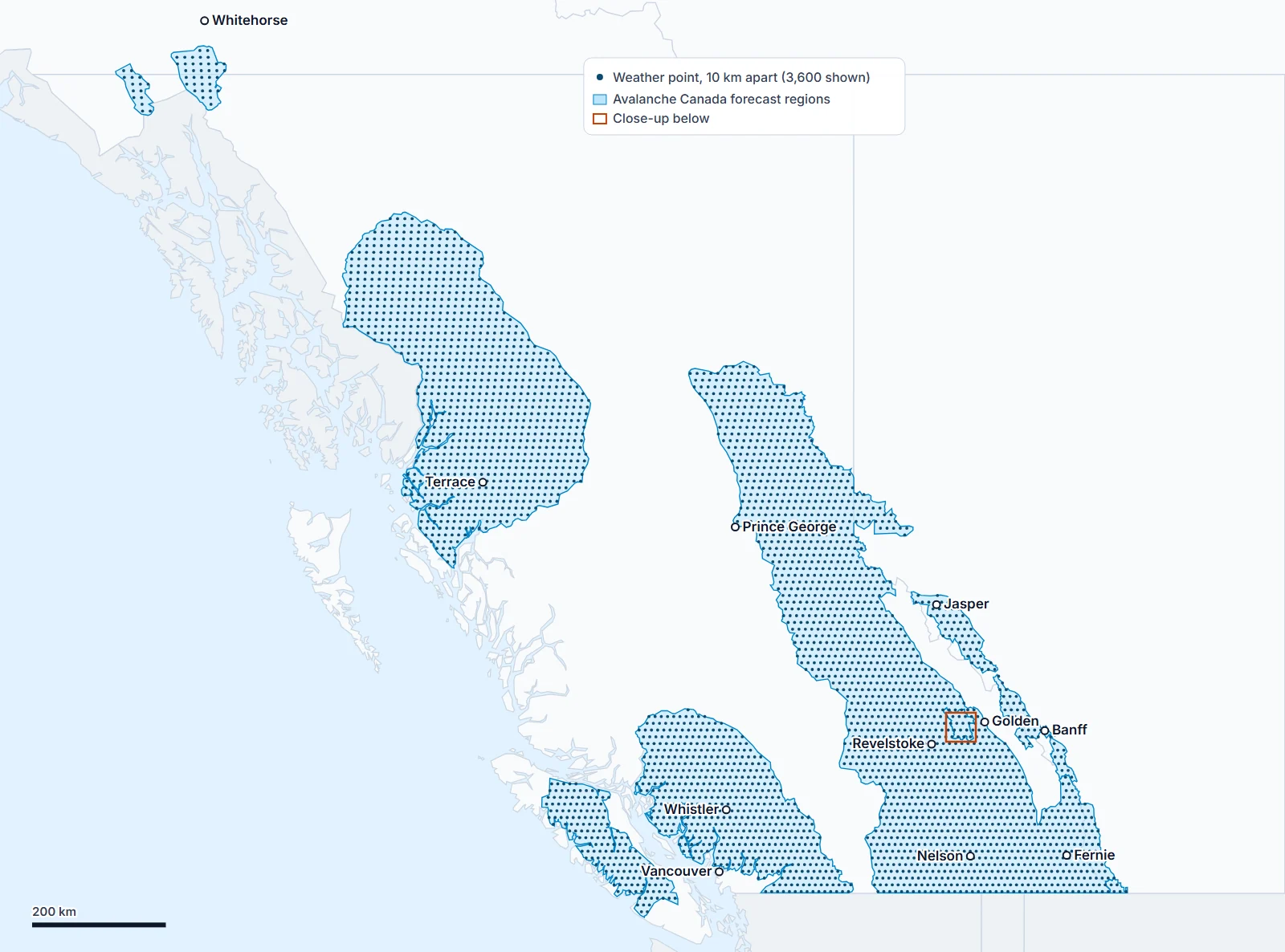 Map of western Canada with Avalanche Canada's forecast regions filled with a regular grid of weather points 10 km apart.